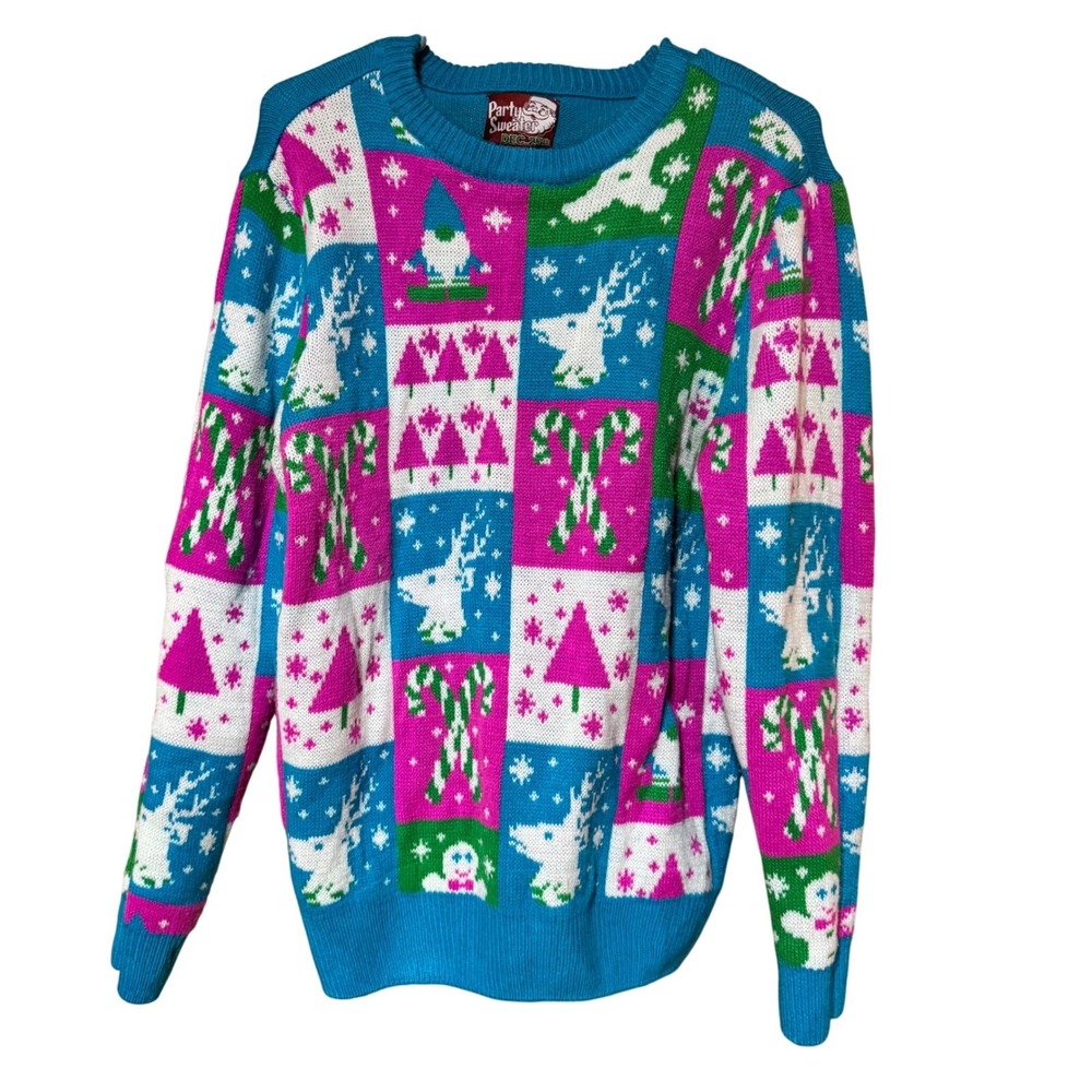 Party Sweater Dec. 25th Ugly Christmas Sweater Teal / Pink Size Unisex Medium - Picture 2 of 11